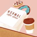 A bag of donuts and cup of coffee wiping flying through the air on a skateboard. Text on top left side says "Normal Coffee and Donuts"