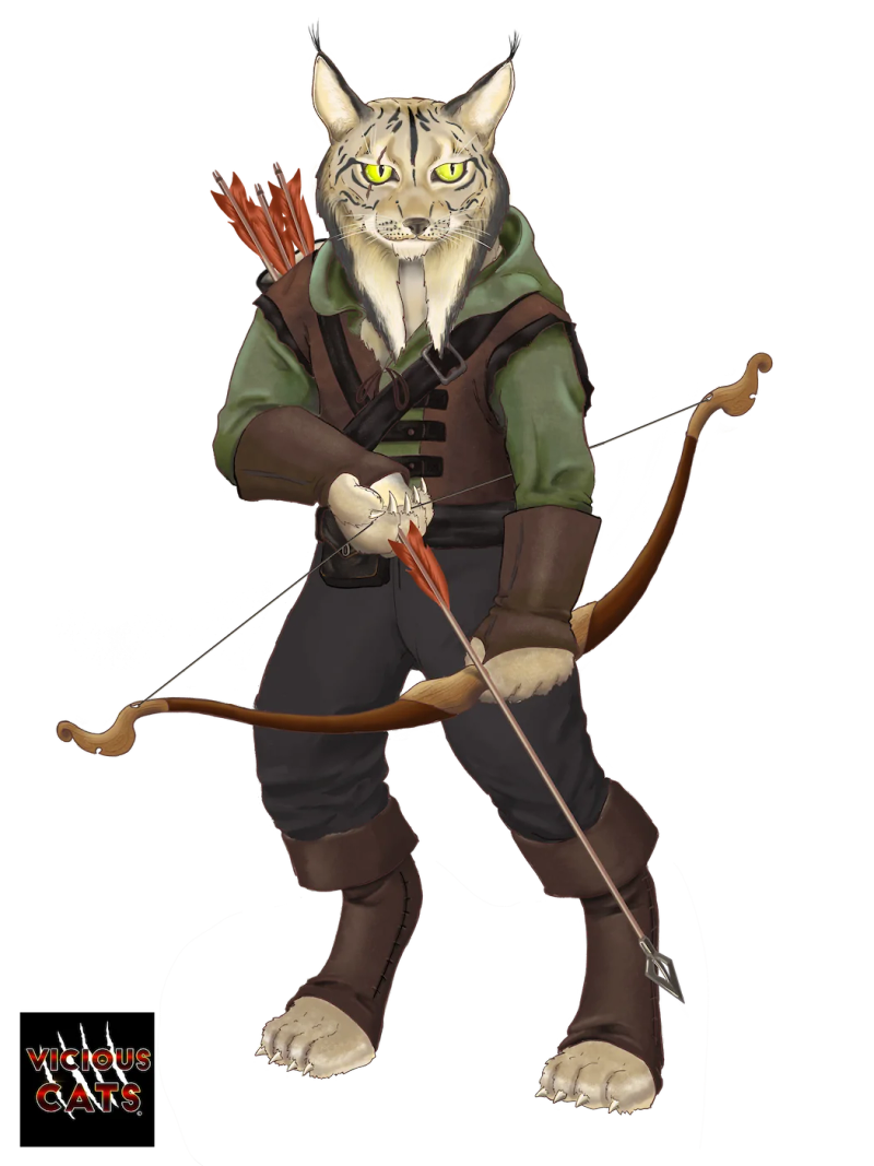 A humanoid bobcat dressed in a renaissance hunting outfit holding a bow and arrow. The logo of Vicious Cats card game is at the bottom left of image.