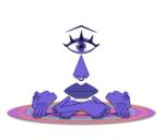 A purple, meditating character sitting on a carpet. It's "body" consists of one large eye, a pierced nose, a mouth, two hands and two legs crossed over each other. As the character breathes in and out it levitates and a brightly colored aura emanates from behind it.