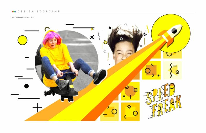 Collage of live images and vector art with an overall yellow tone color scheme. Person with pink hair and yellow hoodie riding down a hill on a small children's three-wheel cycle. Vector art of a rocket against the moon with long trail behind it. Random geometric shapes and lined sprite art. Text reading "Speed Freak" in a flowy, zoomy style.