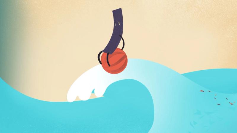 Rectangular character on top of beachball riding a large wave.