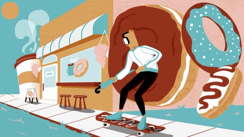 Frame 3: Person skating away from "Normal Coffee and Donut" shop, with giant donut and coffee motifs surrounding them.