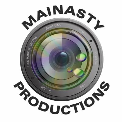 Camera lens with three iridescent water droplets with the words "Mainasty Productions" around the lens.