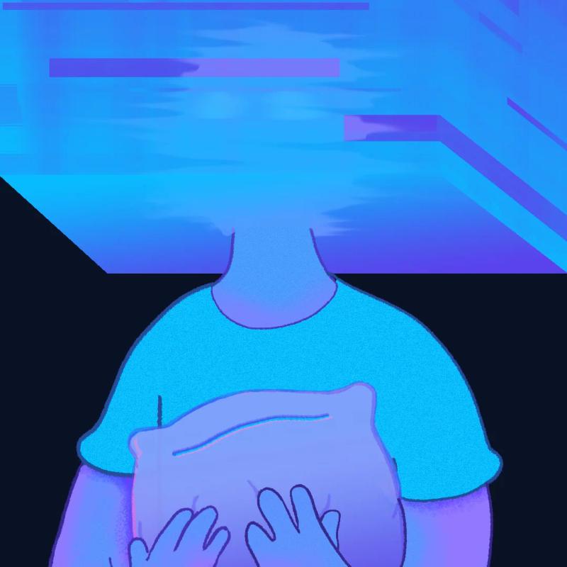 An insomniac holding a glitchy, fading pillow with their head stuck inside a digital cube.