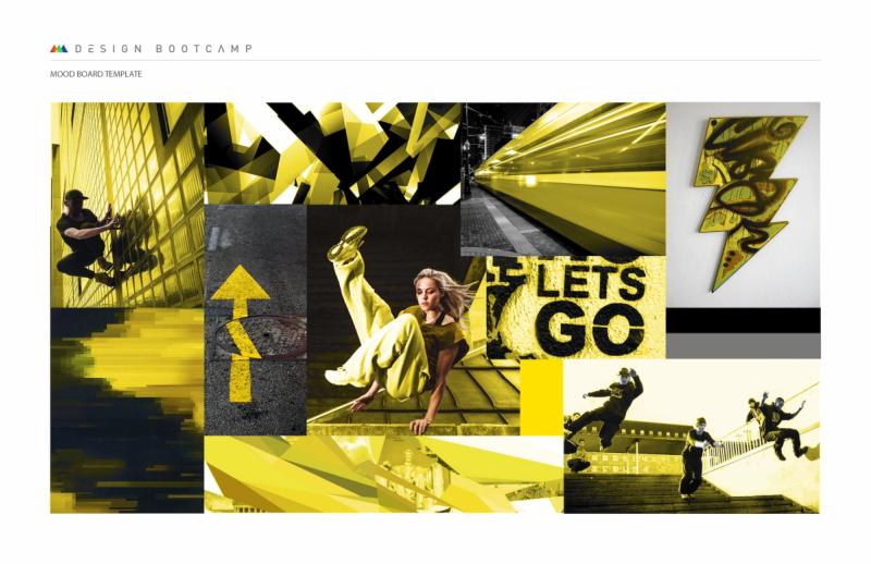 Collage of live images with an overall color scheme of yellow and black tone. Parkour artists free-running through urban landscapes. Sharp abstract shapes invoking speeding motion. A speeding train. Graffiti text reads "Let's Go". Twisting arrow painted across a manhole in the road. Lightning bolt shaped canvas covered in graffiti.
