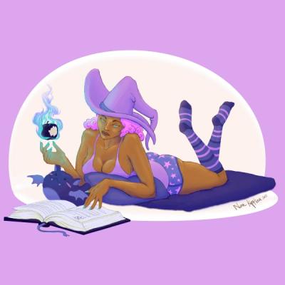 A voluptuous, pink-haired witch in a witch hat and skimpy pajamas laying on a large floor cushion. She is reading a grimoire and levitating a black apple engulfed in bluish flames.