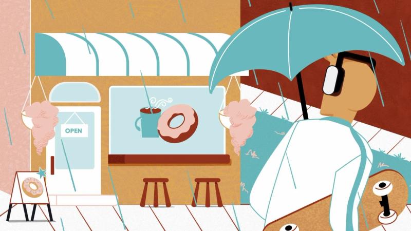 Frame 1: Person walking through the rain carrying an umbrella and holding their skateboard. They see the "Normal Coffee and Donut" shop across the street.