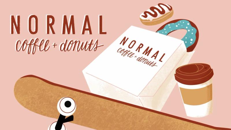 Frame 4: A "Normal Coffee and Donuts" bag of donuts and cup of coffee flying through the air on a skateboard. Text on top left side says "Normal Coffee and Donuts"
