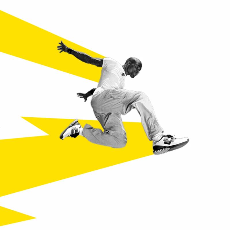 Black and white image of man dynamically jumping across the screen with bright yellow, stylized lightning bolts flowing back from his arms and legs. In the middle of the bolts is text that reads "Sprint: Unlimited High-Speed Data: Fastest LTE Network"