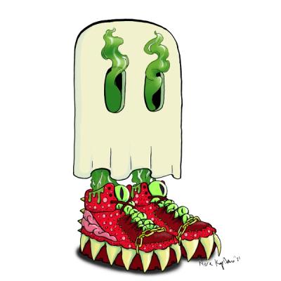 Red, fleshy monstrous high-top sneakers with multiple green eyes, sharp teeth and covered in boils. Green ectoplasm rises from the sneakers into a floating, ghostly sheet and out of two eyeholes cut out of the sheet.