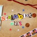 Brown crinkled paper with cut-out, magazine letters spelling "Scrapbook Elvis"; Elvis stamps; pennies; stars; piece of string and guitar picks.