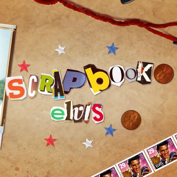 Brown crinkled paper with cut-out, magazine letters spelling "Scrapbook Elvis"; Elvis stamps; pennies; stars; piece of string and guitar picks.