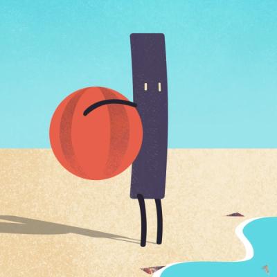 Purple rectangle character holding an orange beachball standing by the water on a beach.
