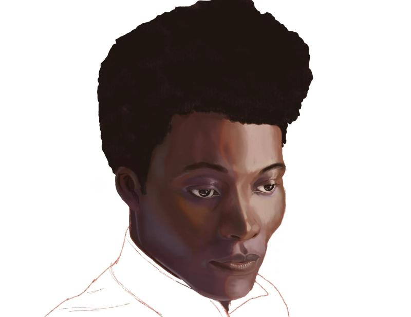 three-quarter face pose of black man with afro updo