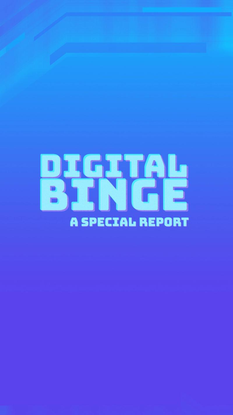 "Digital Binge: A Special Report" text against a cool tone neon background with glitch effect above it.