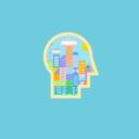Simple side profile of a human head with a colorful cityscape inside it. Baby blue background.