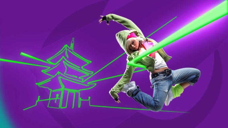 Leaping dancer interacting with a neon beam in the shape of a Japanese shrine against an abstract purple background.
