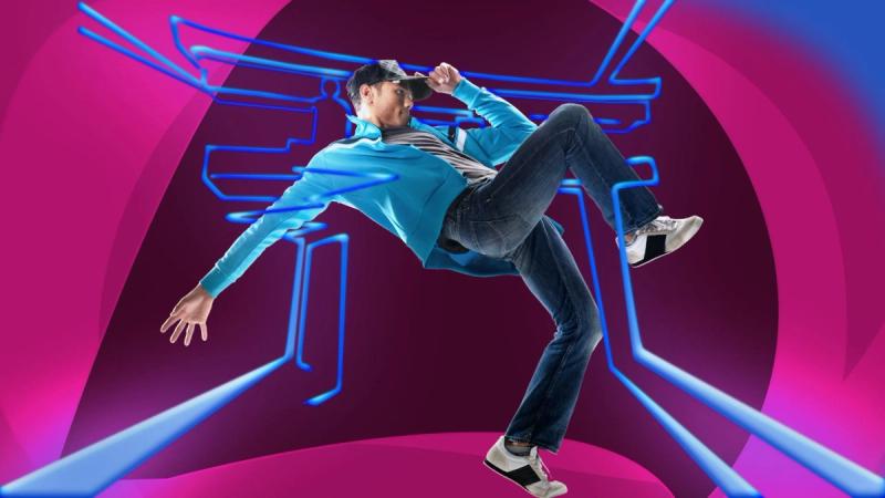 High-kicking dancer interacting with a blue neon beam in the shape of a Japanese shrine gate against an abstract fuchsia background.