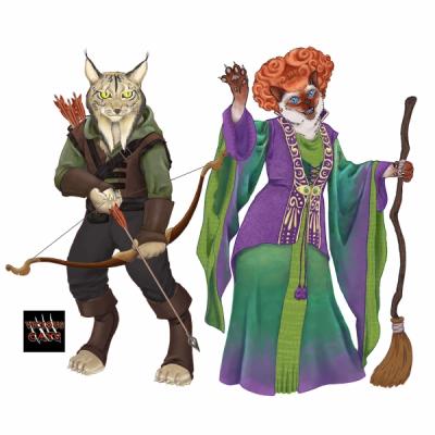 On the left is a humanoid bobcat dressed in a renaissance hunting outfit holding a bow and arrow. On the right is a humanoid Siamese cat with curly orange hair holding a broom and wearing a green and purple witchy dress. The logo of Vicious Cats card game is at the bottom left of each image.