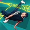 Dancer in dynamic, bicycle kick pose interacting with a stylized neon light against an abstract green background.