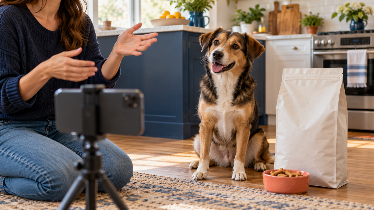 A creator gestures toward a smartphone on a tripod while a mixed-breed dog sits beside a plain white dog-food bag and coral bowl of treats in a sunlit kitchen.