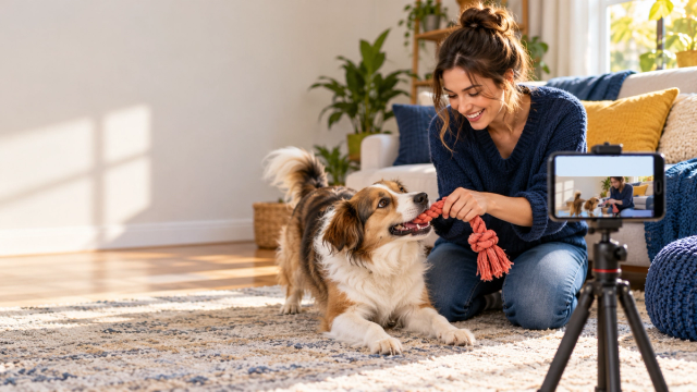 A creator kneels beside a dog playing with a coral rope toy while a phone on a tripod films them in a sunlit living room with navy furnishings and yellow cushions.