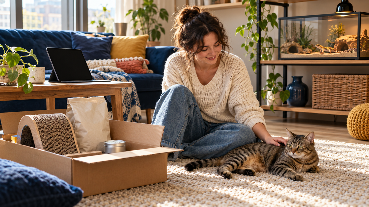 A woman pets a relaxed tabby cat beside an open box of pet supplies in a sunny apartment, with a blank tablet and a leopard gecko terrarium nearby.