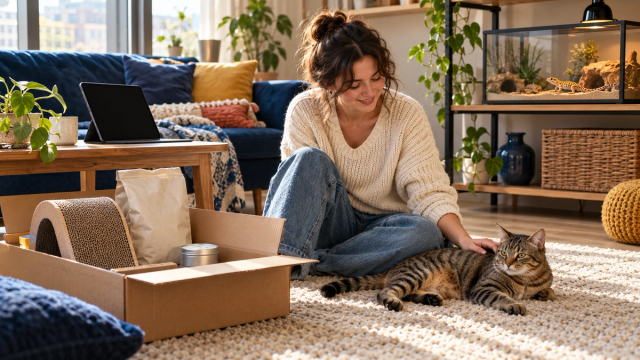 A woman pets a relaxed tabby cat beside an open box of pet supplies in a sunny apartment, with a blank tablet and a leopard gecko terrarium nearby.