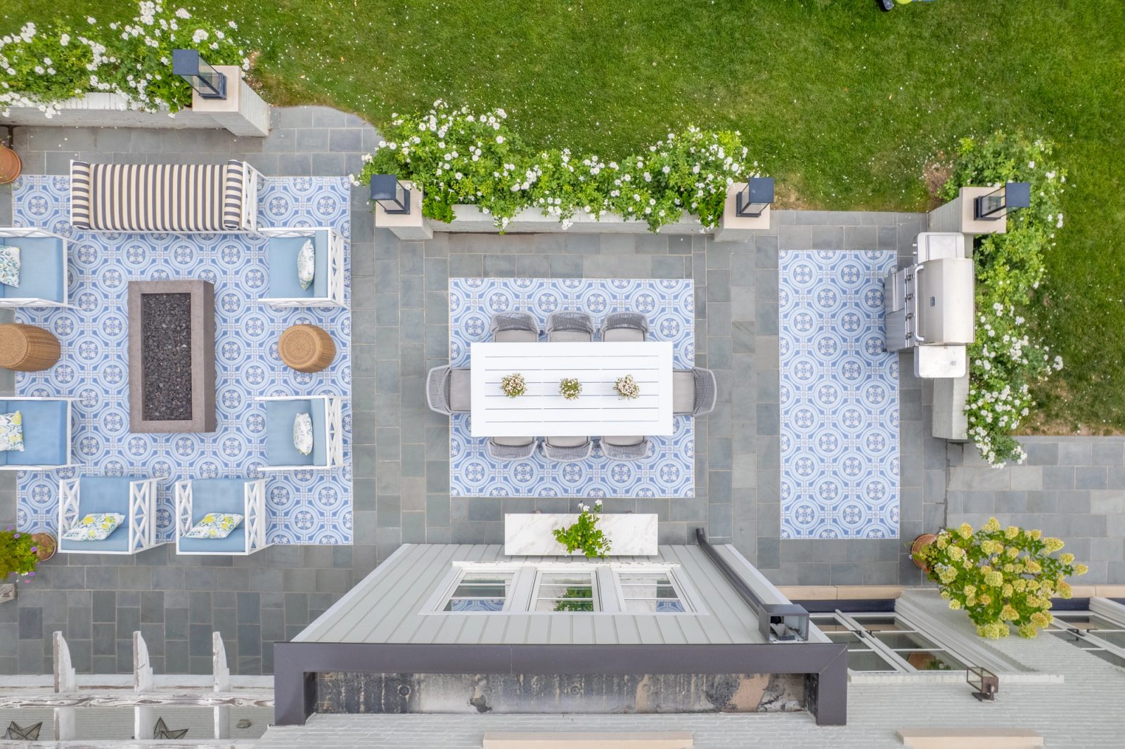 Overhead of side-by-side lounge and dining zones.