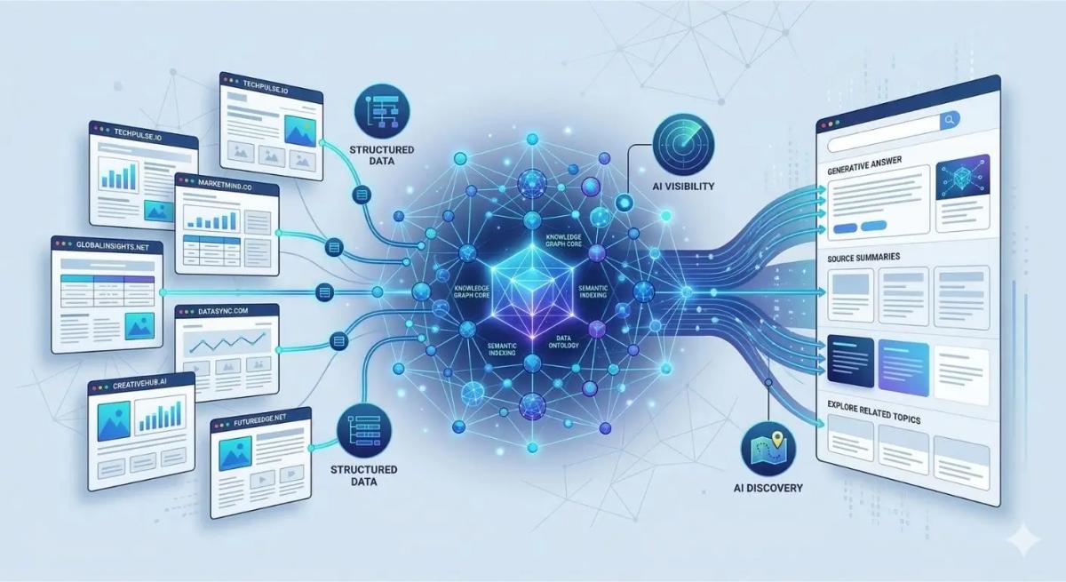 AI motorlarında görünür olmak için web sitesinin tek başına yeterli olmadığını gösteren yapay zeka ve web sitesi veri akışı görseli