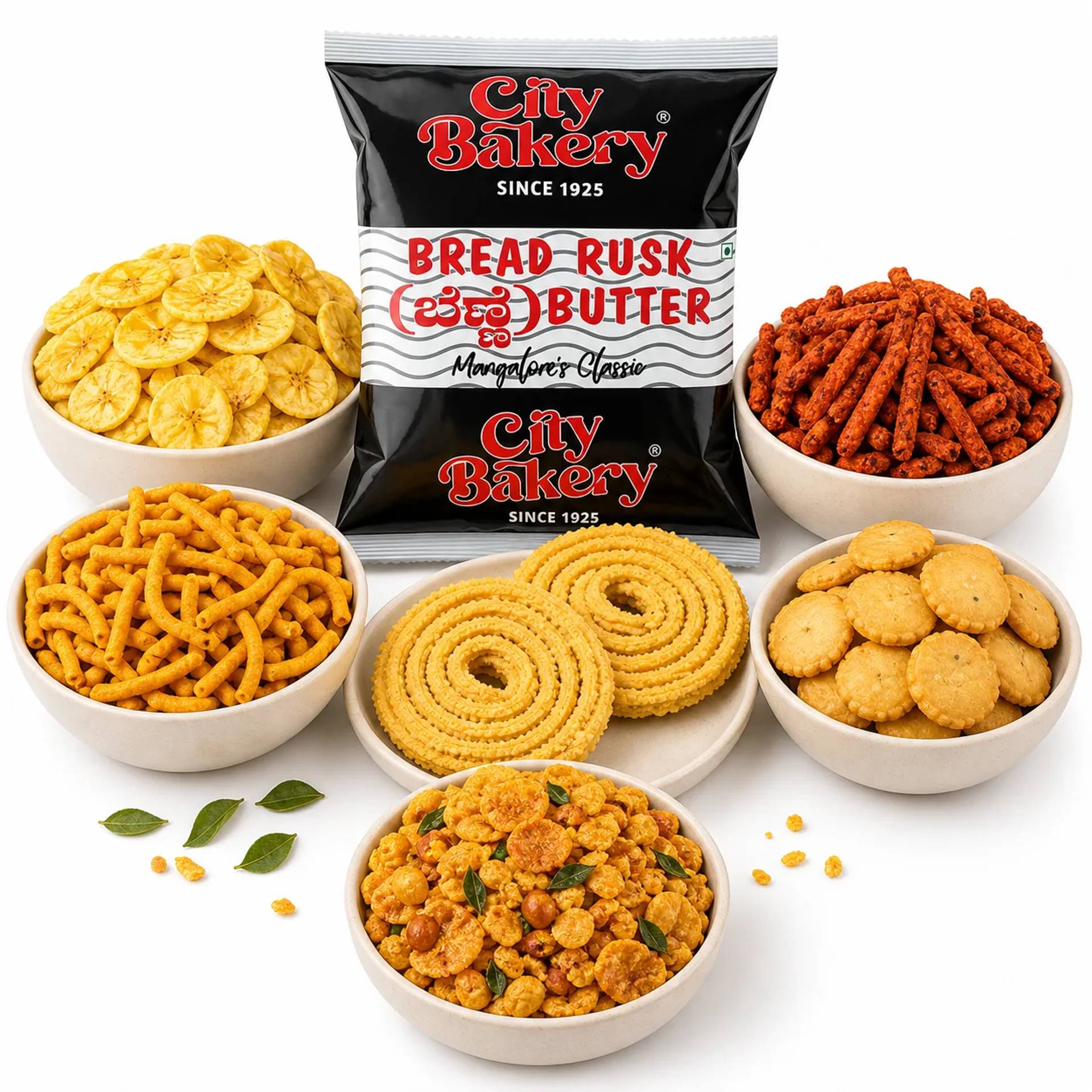 Authentic Mangalorean snacks — banana chips, chakli, mixture, and biscuits from Coastal Karnataka