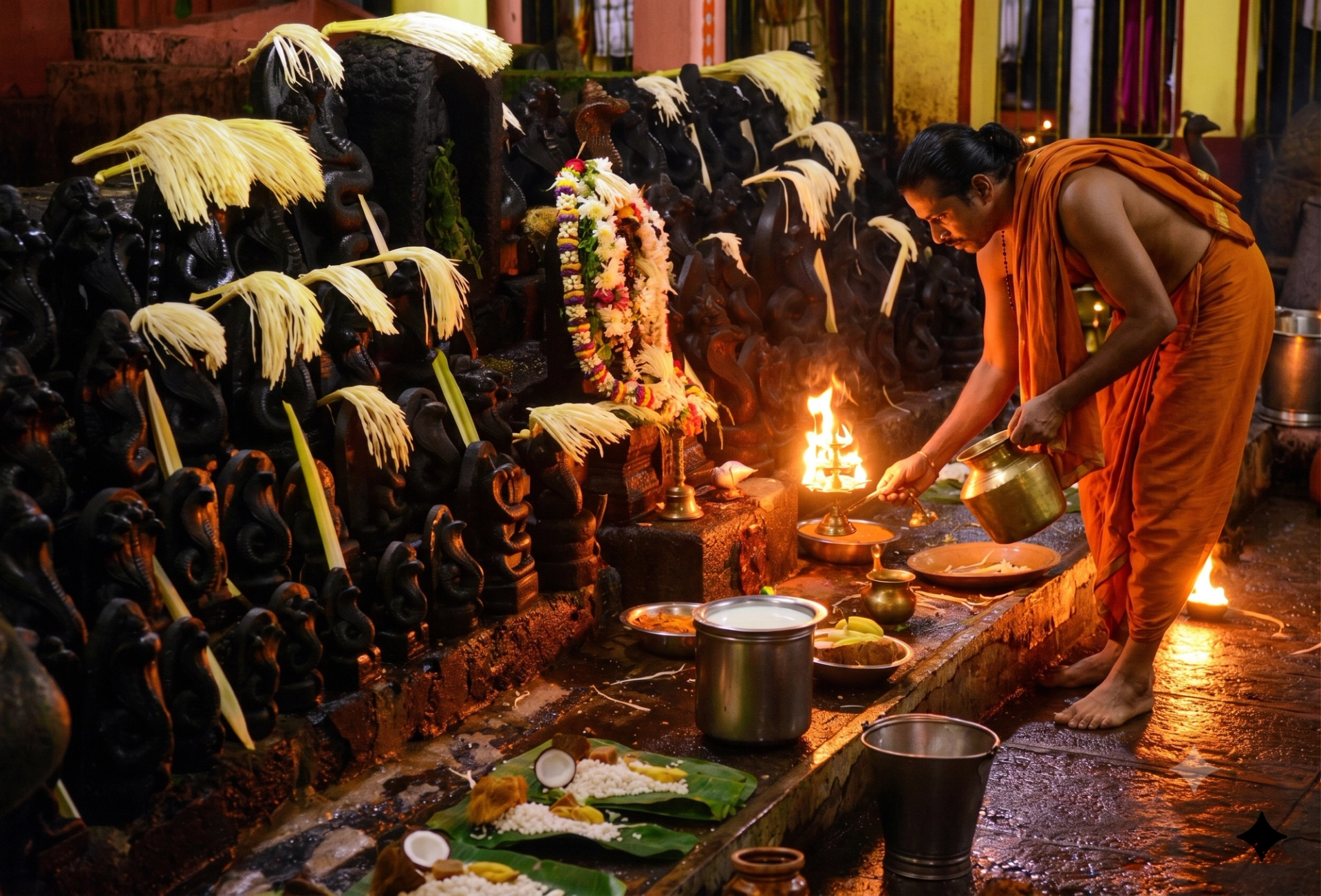 Nagarapanchami Naga Tambila ritual at a Nagabana — priest performing Abhisheka over serpent stone idols decorated with Pingara areca flowers, Coastal Karnataka