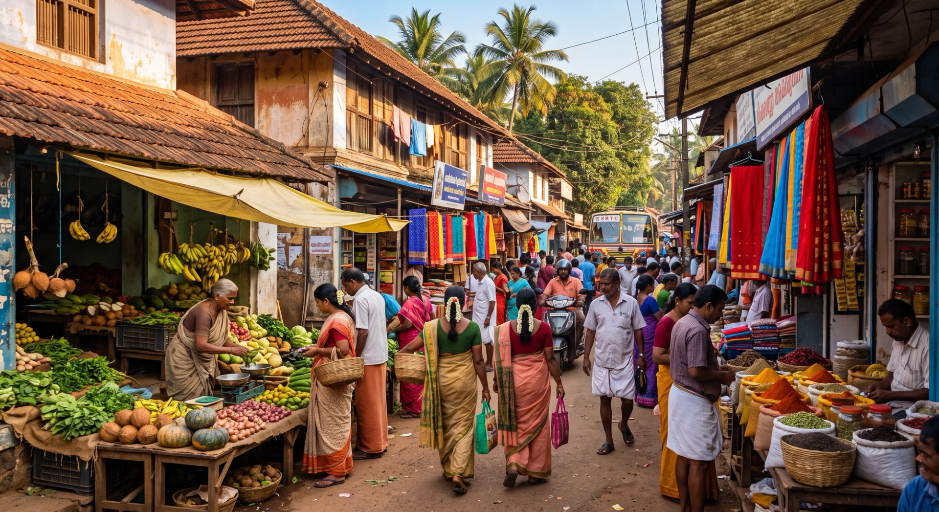 A busy Coastal Karnataka street market —  fresh produce, spice stalls, and local  vendors in a traditional South Indian  bazaar, the source of authentic  Mangalorean ingredients
