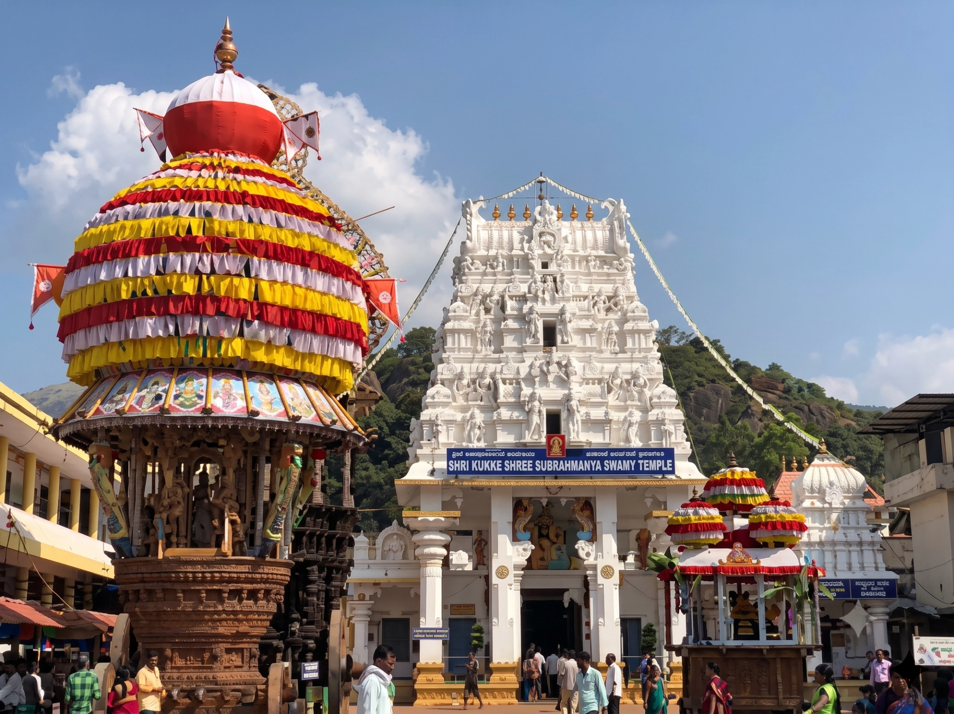 Kukke Shree Subramanya Temple — the most significant Naga worship temple in India, located in Coastal Karnataka, decorated with the temple chariot during festival season