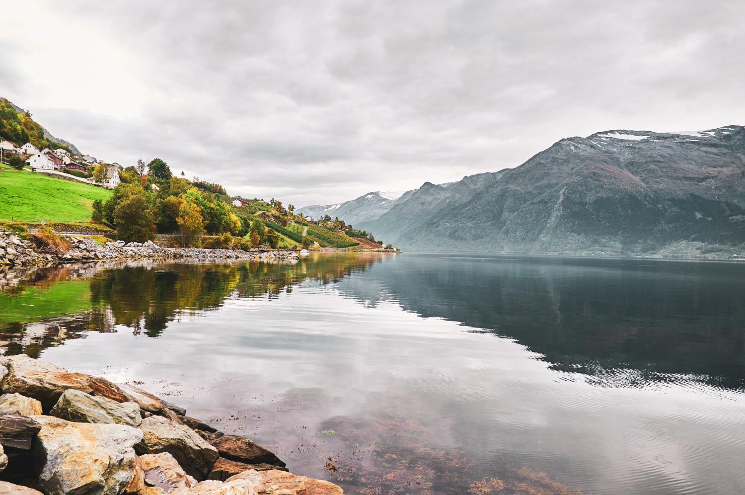 Bilde av fjorden i Norge med fine hus i bakgrunnen