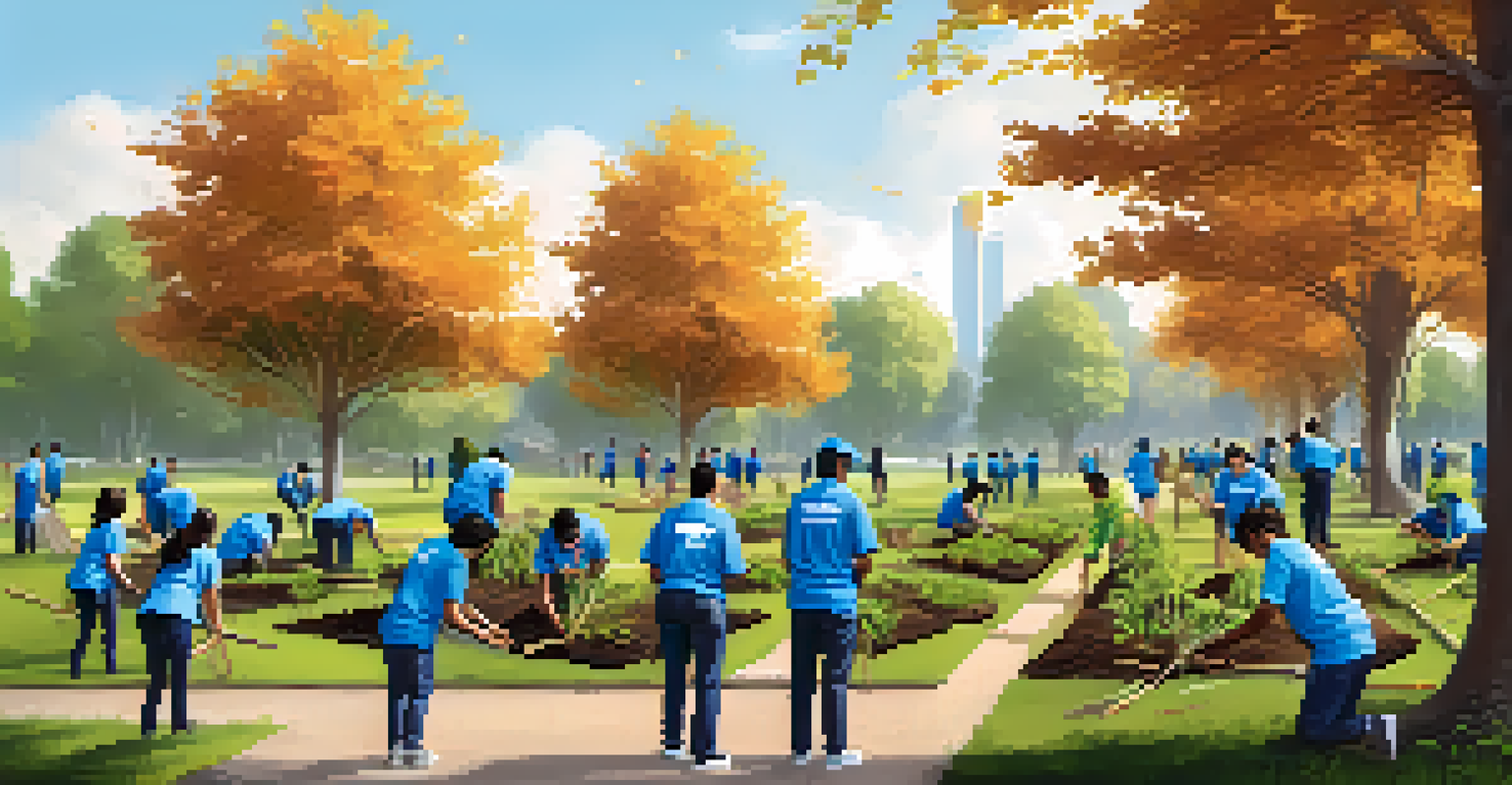 Students from a private university planting trees in a sunny park during a community service event.