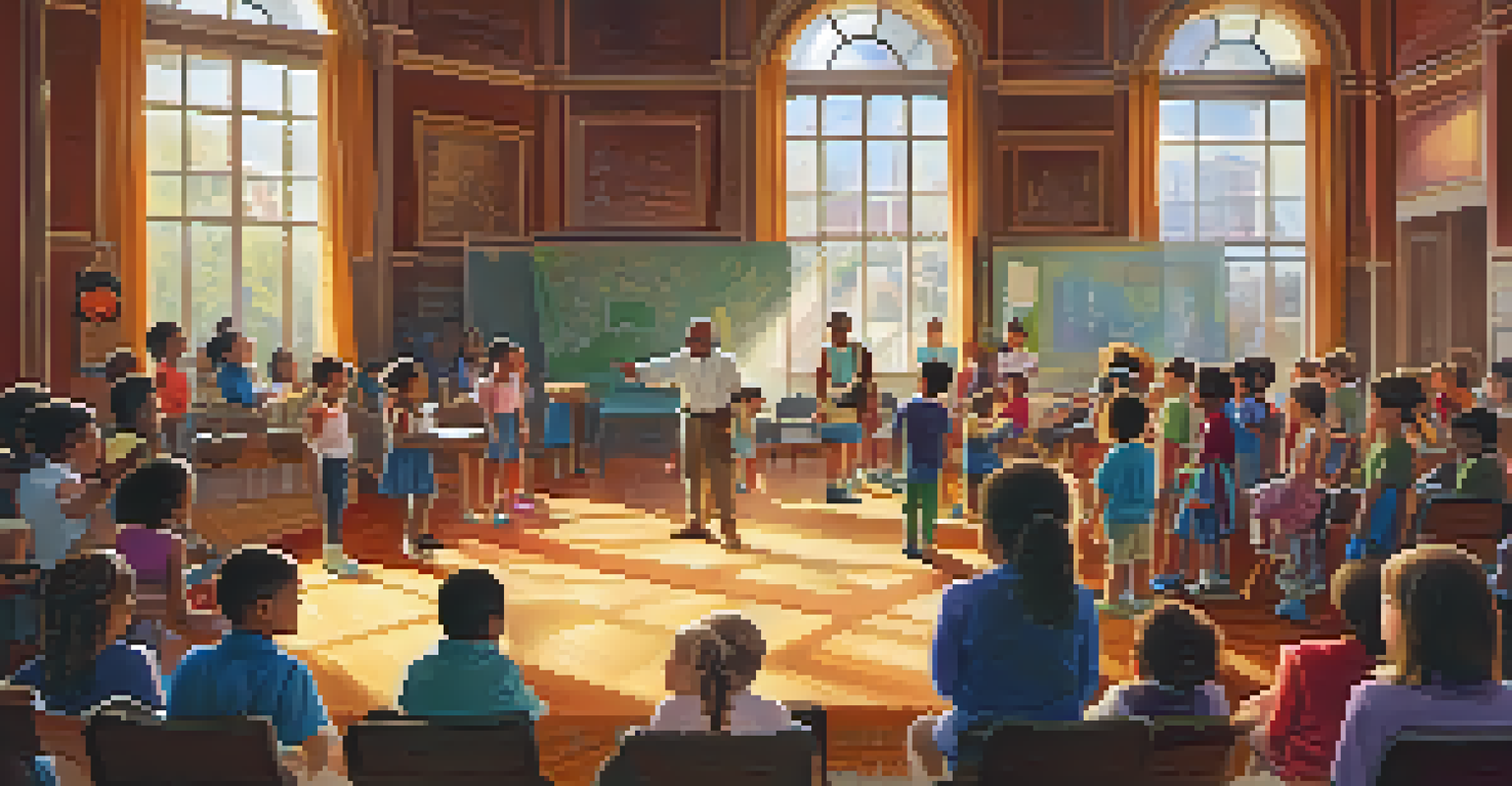 A theater workshop with children learning and engaging with colorful props, led by an instructor, illuminated by sunlight streaming through windows.
