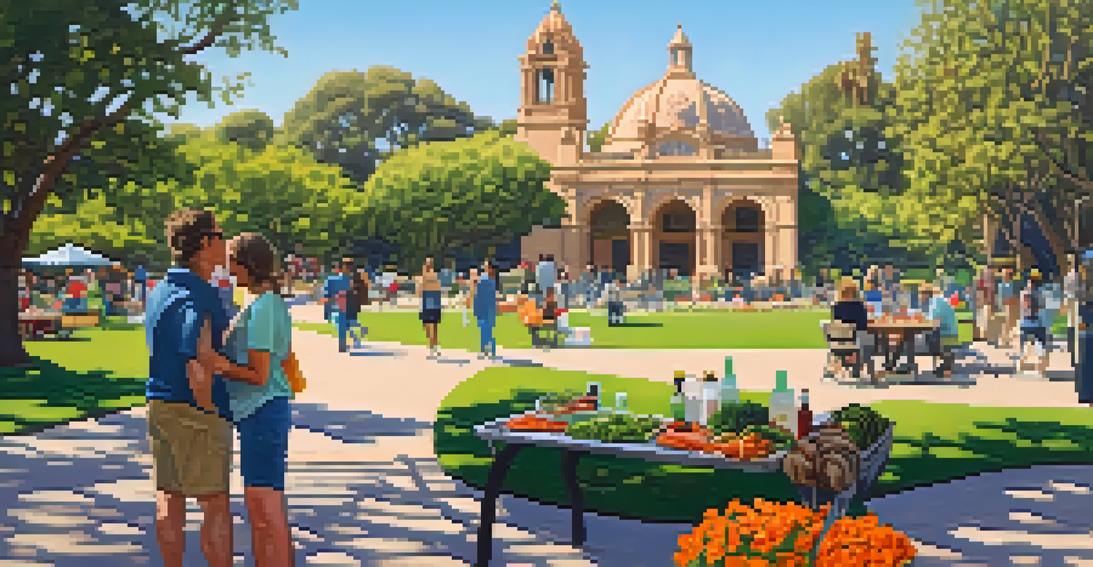 A cozy BBQ picnic in Balboa Park, featuring grilled foods and colorful flowers in the surroundings.