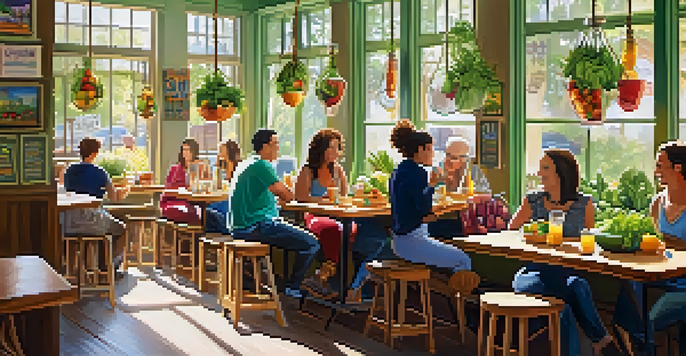A bright and lively health food café with wooden tables, colorful food, and patrons enjoying their meals.