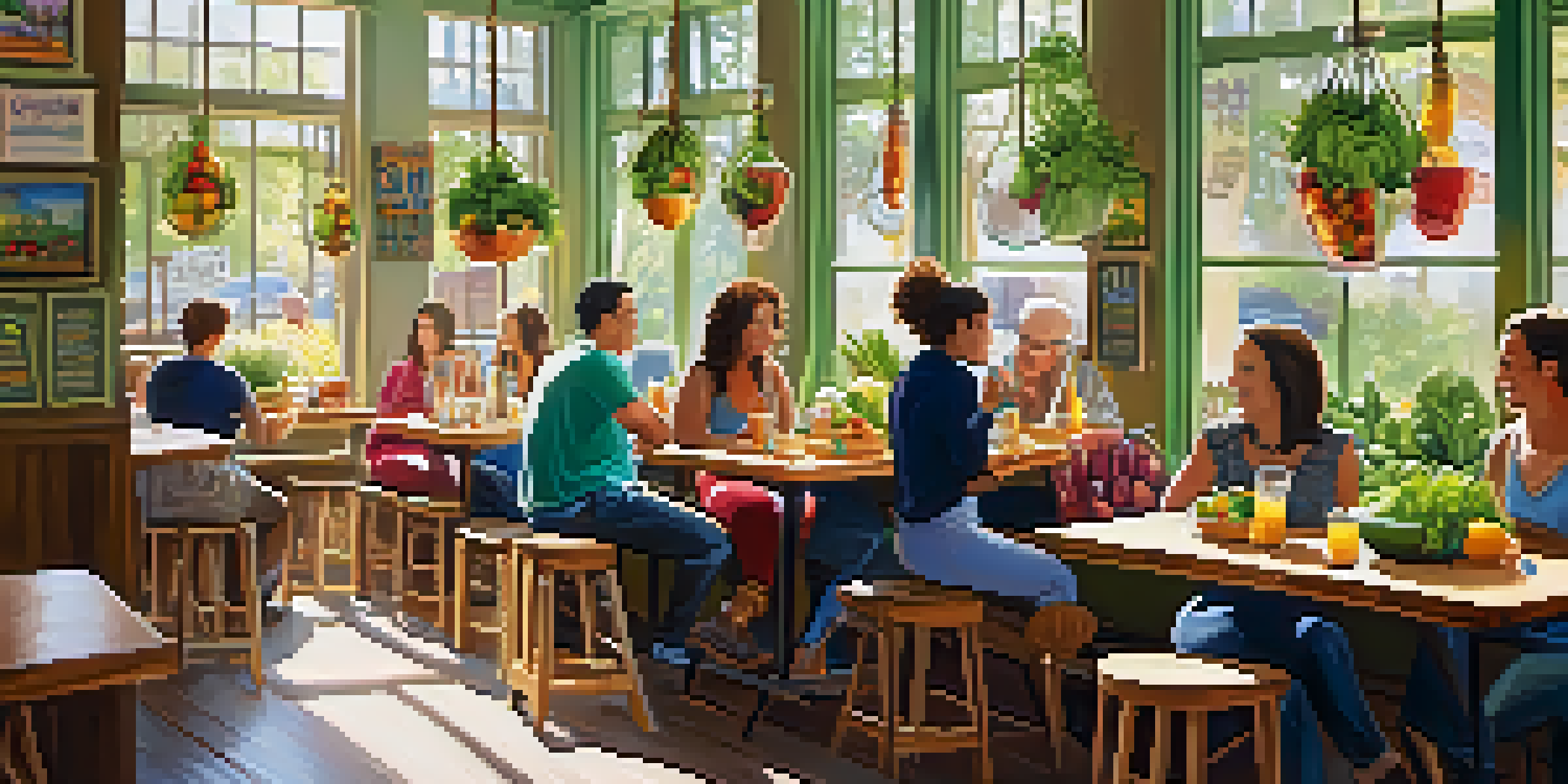 A bright and lively health food café with wooden tables, colorful food, and patrons enjoying their meals.