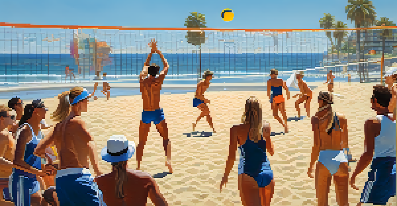 Friends enjoying a game of beach volleyball on the sands of Pacific Beach, with the ocean and bright blue sky in the background.