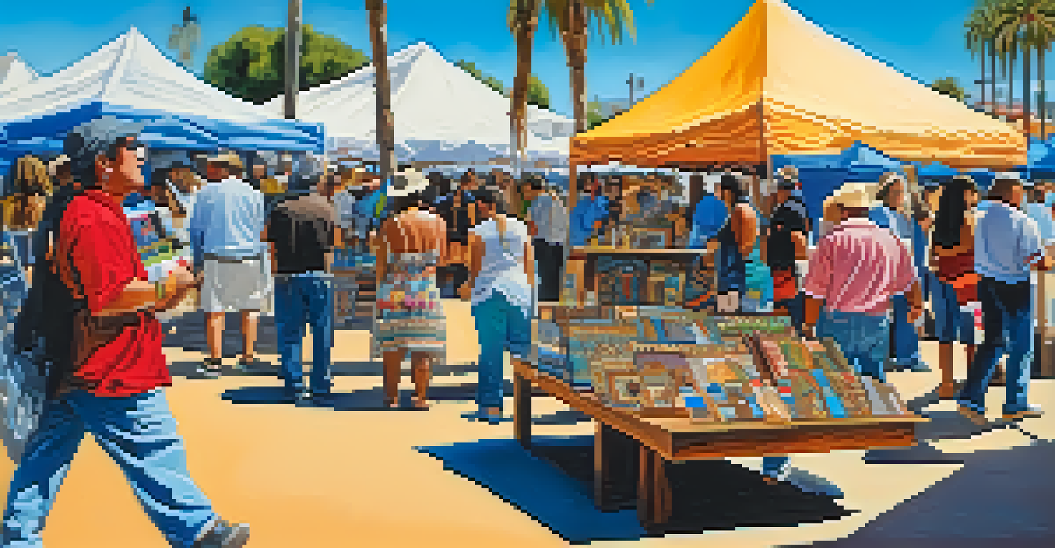 Artisans showcasing their crafts at a lively festival, with colorful paintings and jewelry displayed under a clear blue sky.