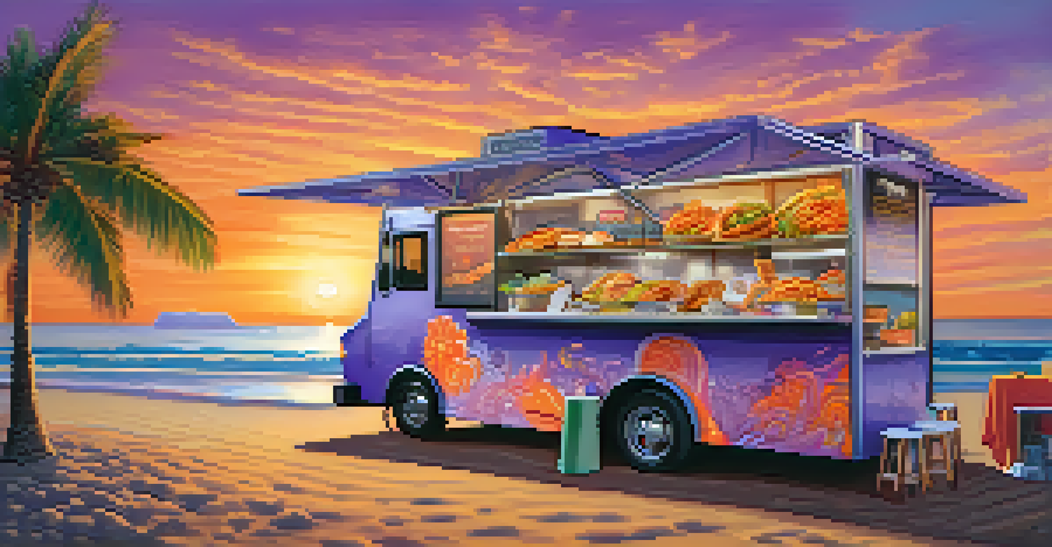A colorful food truck by the beach at sunset, with people enjoying fusion dishes and the ocean in the background.