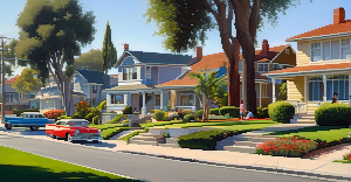 A sunny residential area in San Diego with single-family homes and children playing on the lawns.