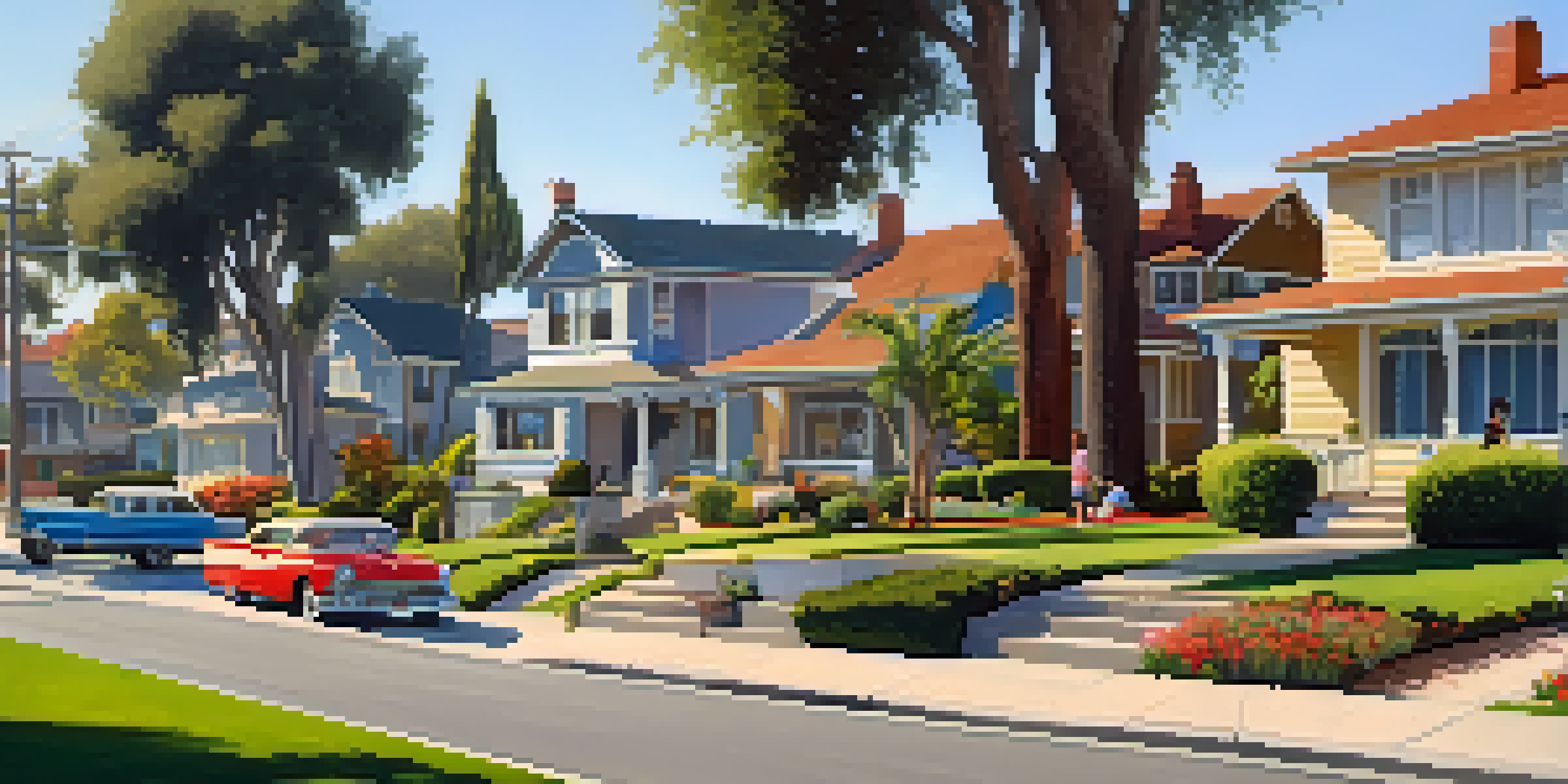 A sunny residential area in San Diego with single-family homes and children playing on the lawns.