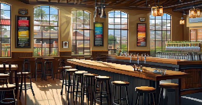A cozy brewery in San Diego with wooden tables, craft beer on tap, and colorful beer labels. Sunlight shines through the windows, creating a warm atmosphere.