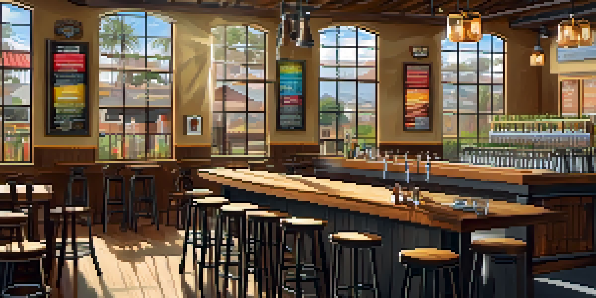 A cozy brewery in San Diego with wooden tables, craft beer on tap, and colorful beer labels. Sunlight shines through the windows, creating a warm atmosphere.