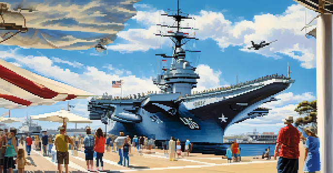 A wide view of the USS Midway Museum, showing visitors on the deck of the aircraft carrier with clear skies and aircraft on display.