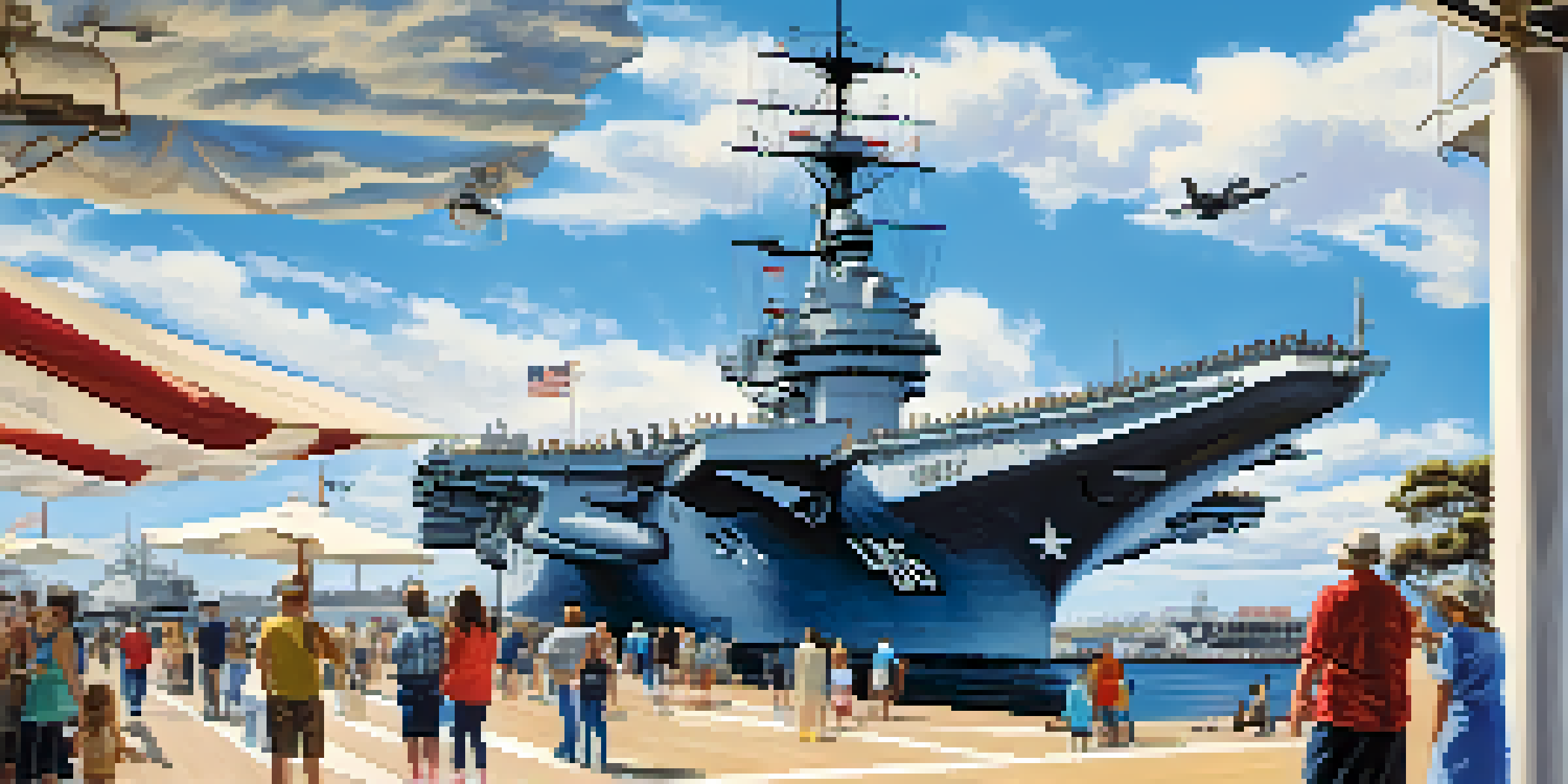 A wide view of the USS Midway Museum, showing visitors on the deck of the aircraft carrier with clear skies and aircraft on display.