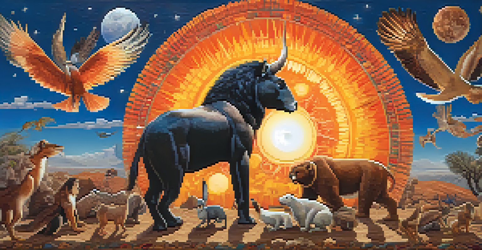 Artistic depiction of Kumeyaay creation myth with Creator Iipay, animals, and a vibrant sky showing the sun and moon in a dance.